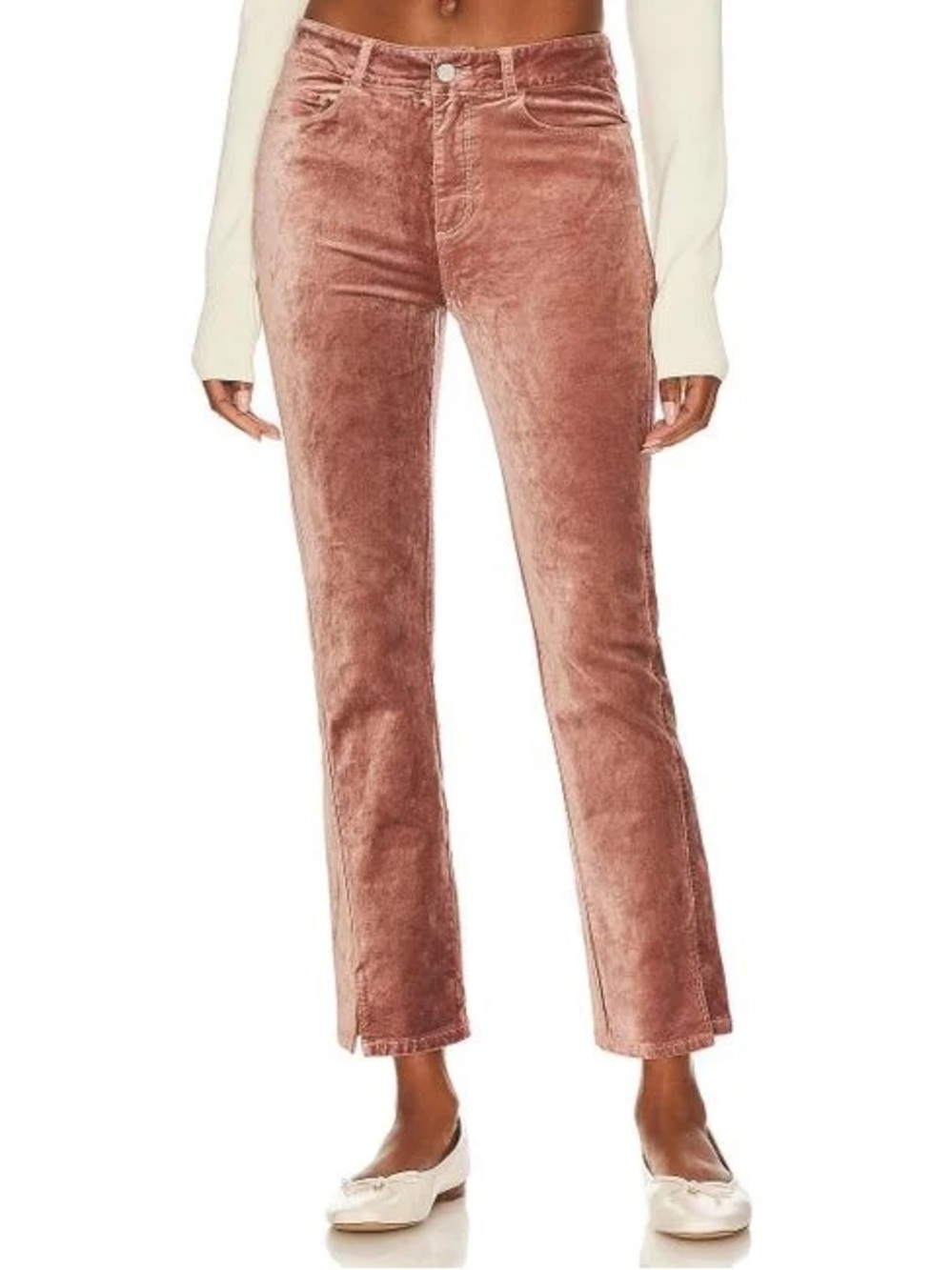 PAIGE Cindy Twisted Seam Split Hem Velvet Pants in Warm Suede Mauve Size 25